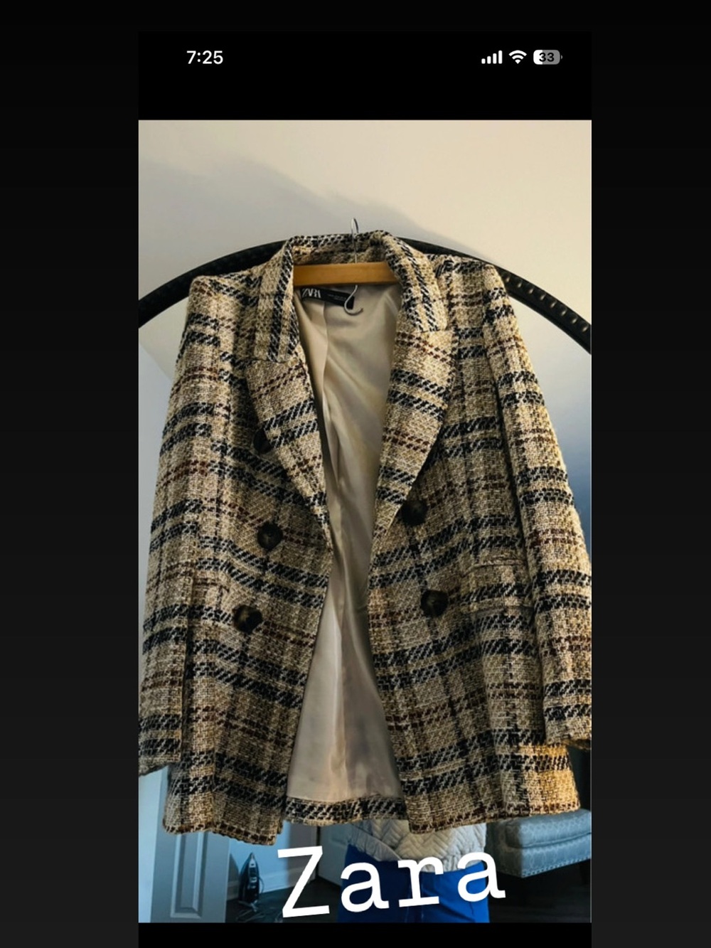 Zara Beige and Black Plaid Tweed Double-Breasted Blazer